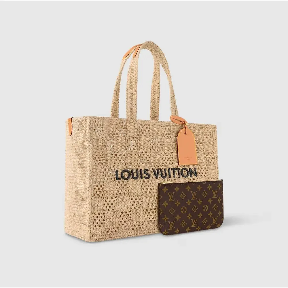 LOUIS VUITTON Summer Shopper Tote MM Natural Woven Raffia w/ Pochette